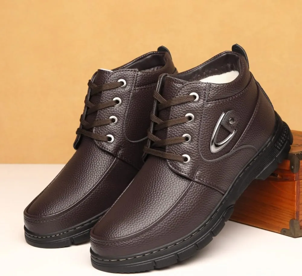 Men's Casual Dress Boots, Warm Thick Sole Lace-up Snow Boots for Men, PU Lining & Sheepskin Suede, Winter Boots for Business & Daily Wear, Trendy Mid-calf Boots for Men