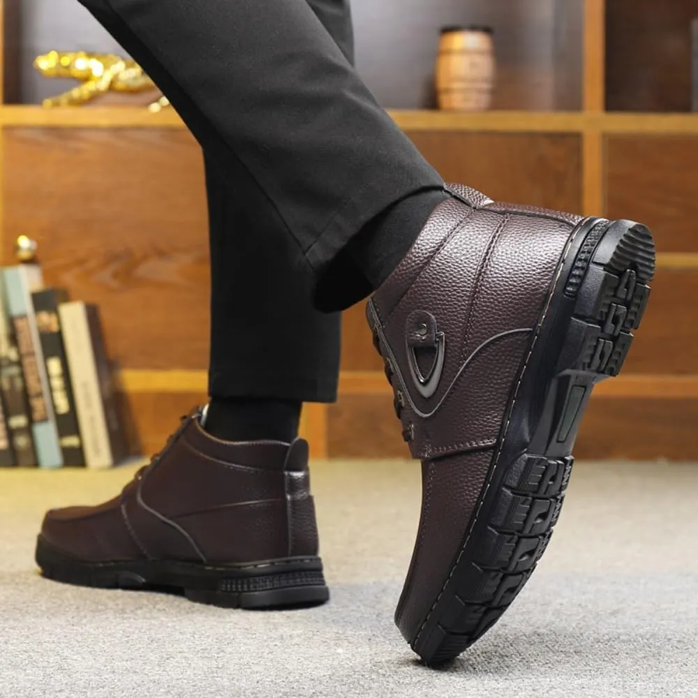 Men's Casual Dress Boots, Warm Thick Sole Lace-up Snow Boots for Men, PU Lining & Sheepskin Suede, Winter Boots for Business & Daily Wear, Trendy Mid-calf Boots for Men