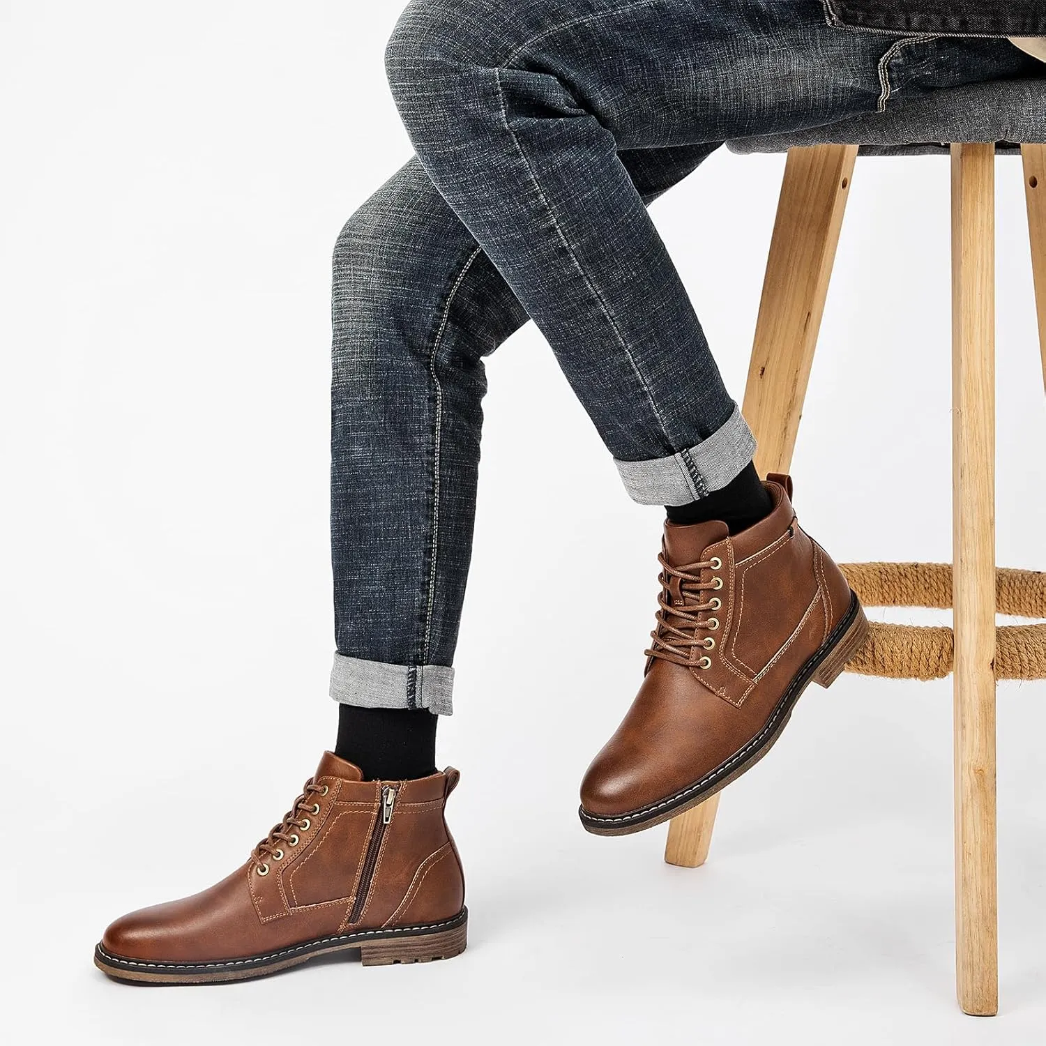 Men's Chukka Boots Casual Dress Boots Zipper Motorcycle Combat Boots Waterproof Ankle Boots Lace Up Fashion Leather Boots