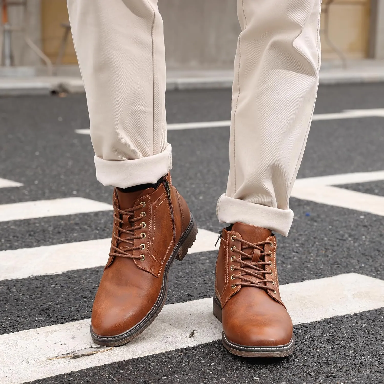Men's Chukka Boots Casual Dress Boots Zipper Motorcycle Combat Boots Waterproof Ankle Boots Lace Up Fashion Leather Boots
