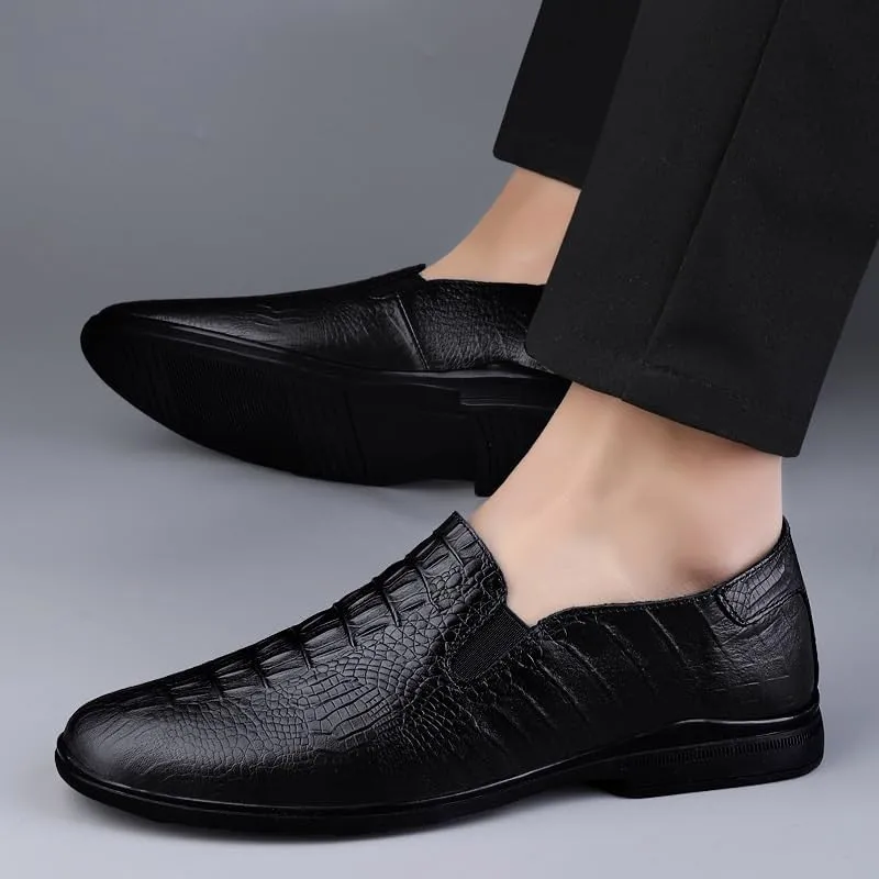 Men's Classic Italian Style Formal Leather Shoes, Handmade Pointed Toe Crocodile Pattern Loafers Shoes for Office, Business & Wedding