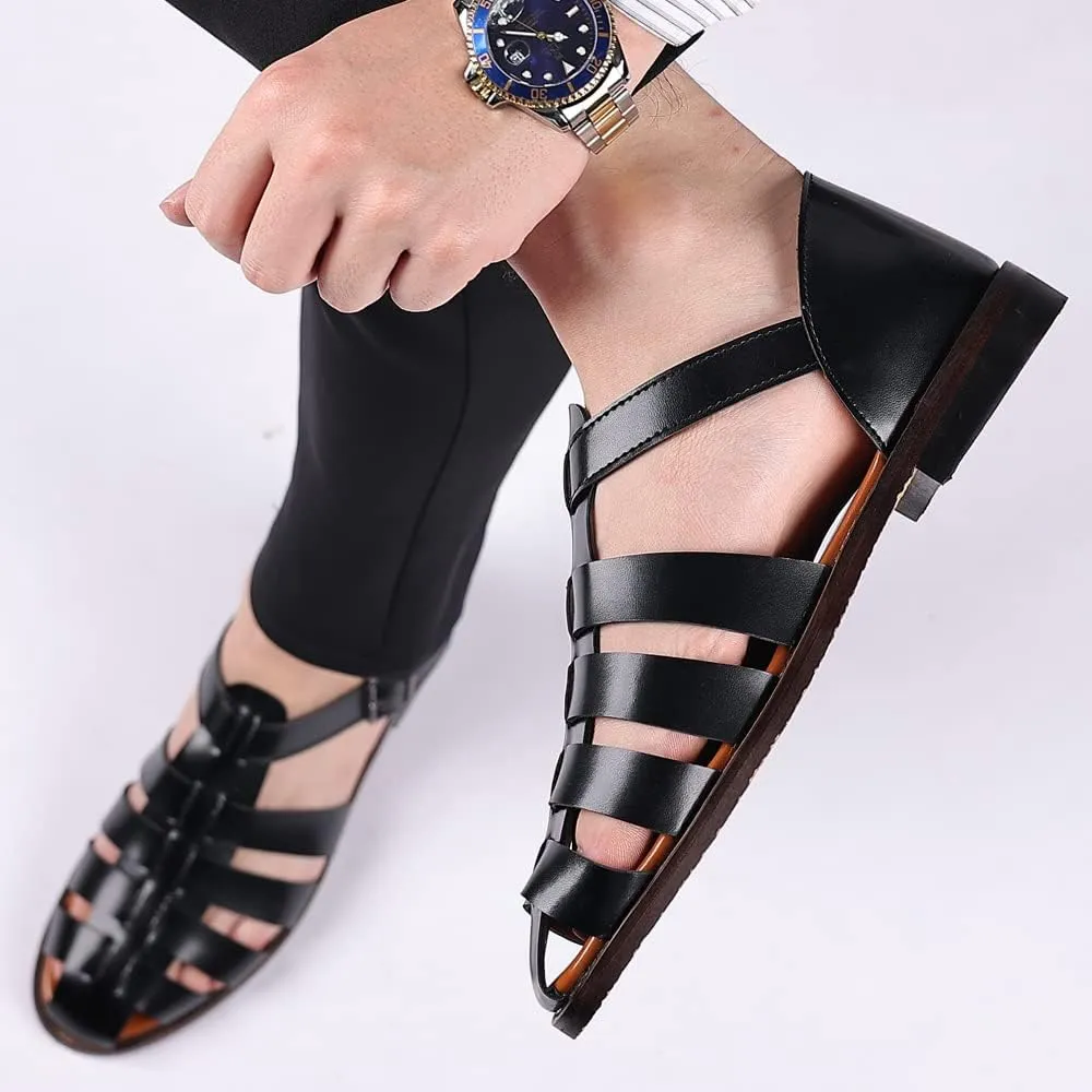 Mens Closed Toe Sandals Ankle Buckle Hollow Out Roman Shoes Outdoor Fisherman Adjustable Beach Summer Sandals Anti Slip Flat Sandals Comfort Casual Walking Shoes Lightweight T-Strap Ankle Strap Sandal