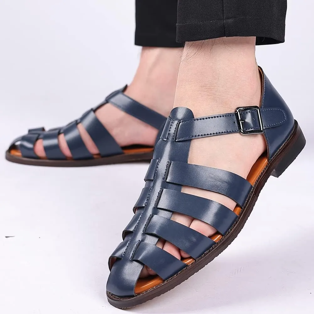 Mens Closed Toe Sandals Ankle Buckle Hollow Out Roman Shoes Outdoor Fisherman Adjustable Beach Summer Sandals Anti Slip Flat Sandals Comfort Casual Walking Shoes Lightweight T-Strap Ankle Strap Sandal