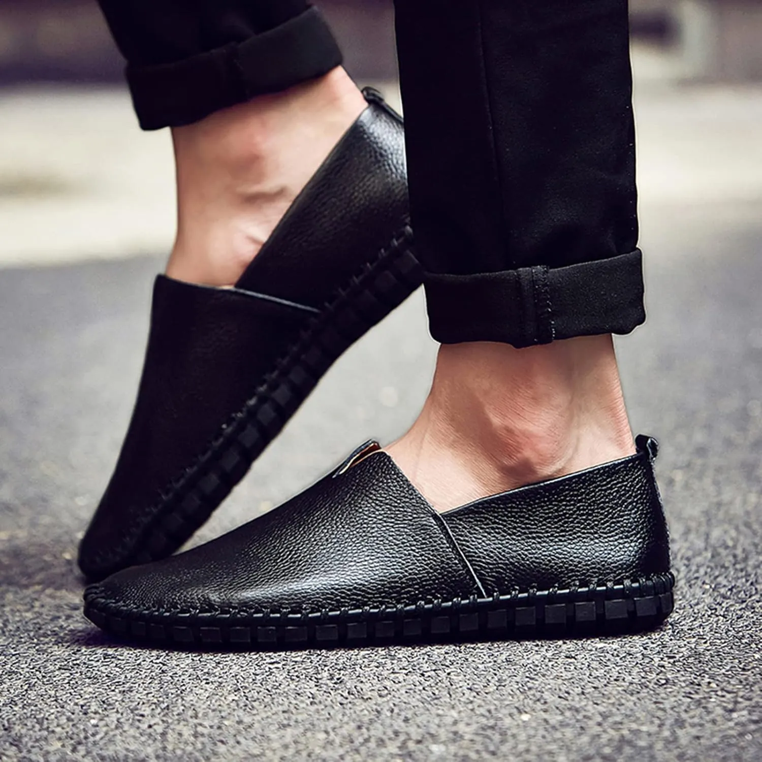 Men's Genuine Leather Loafer Flats Slip-On Soft Handmade Sole Summer Hollowed Casual Driving Shoes