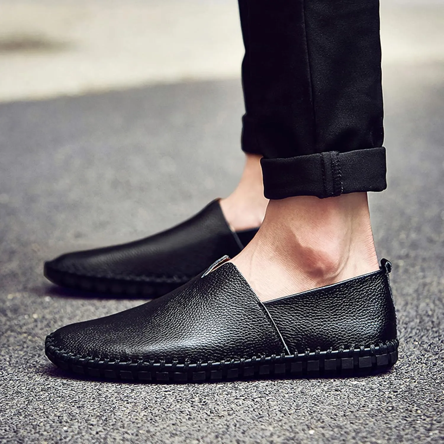 Men's Genuine Leather Loafer Flats Slip-On Soft Handmade Sole Summer Hollowed Casual Driving Shoes