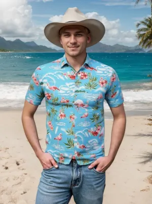 Men's Hawaiian Shirt Funky Blue Beach Printed Tropical Beach Shirt Casual Button Down Short Sleeve Floral Shirts Tops