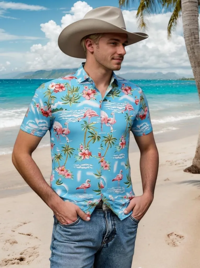 Men's Hawaiian Shirt Funky Blue Beach Printed Tropical Beach Shirt Casual Button Down Short Sleeve Floral Shirts Tops
