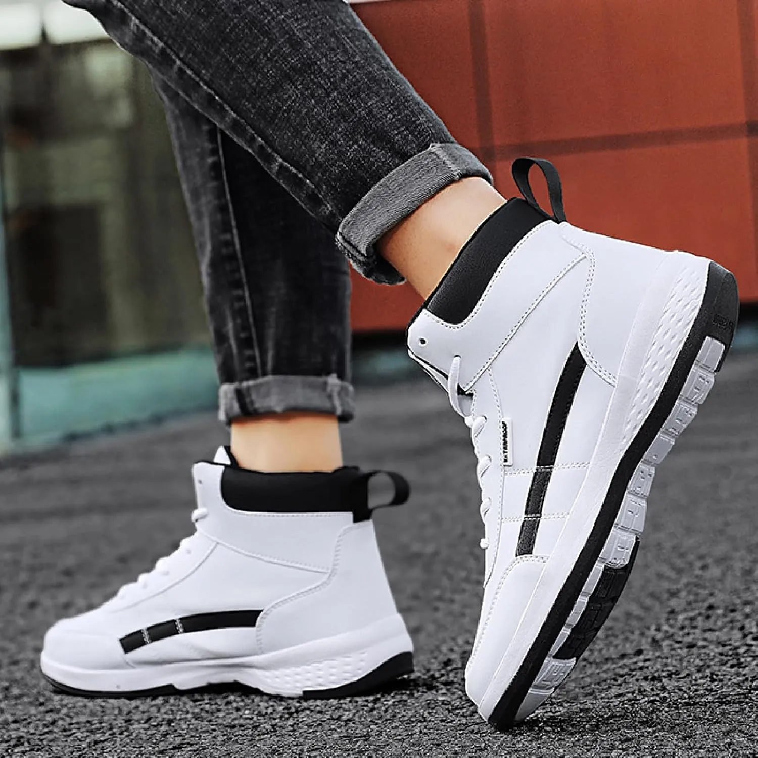 Men's Leather High Top Platform Sneakers Ankle Boots Fashion Comfort Walking Tennis Casual Lace-Up Dad Shoes for Outdoor Basketball Style