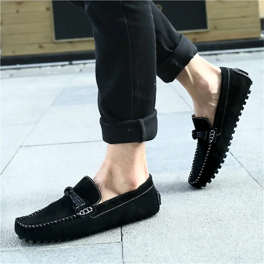 Mens Loafers Slip On Suede Round Toe Breathable Lightweight Casual Shoes Flexible Sole Resistant Rope Tie Party Dress Shoes
