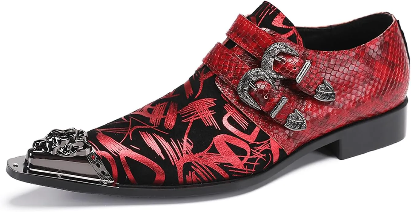 Men's Metal Tip Toe Loafers-Stylish Mens Dress Slip-Ons for Wedding, Party, Prom-Leather Casual Shoes with Double Buckle and Floral