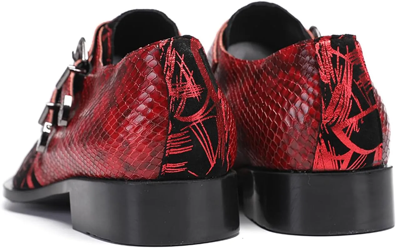 Men's Metal Tip Toe Loafers-Stylish Mens Dress Slip-Ons for Wedding, Party, Prom-Leather Casual Shoes with Double Buckle and Floral