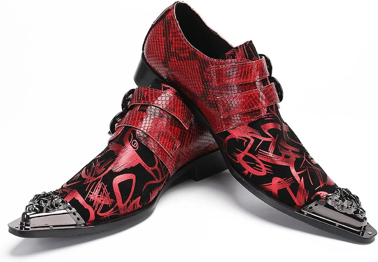 Men's Metal Tip Toe Loafers-Stylish Mens Dress Slip-Ons for Wedding, Party, Prom-Leather Casual Shoes with Double Buckle and Floral