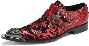 Men's Metal Tip Toe Loafers-Stylish Mens Dress Slip-Ons for Wedding, Party, Prom-Leather Casual Shoes with Double Buckle and Floral