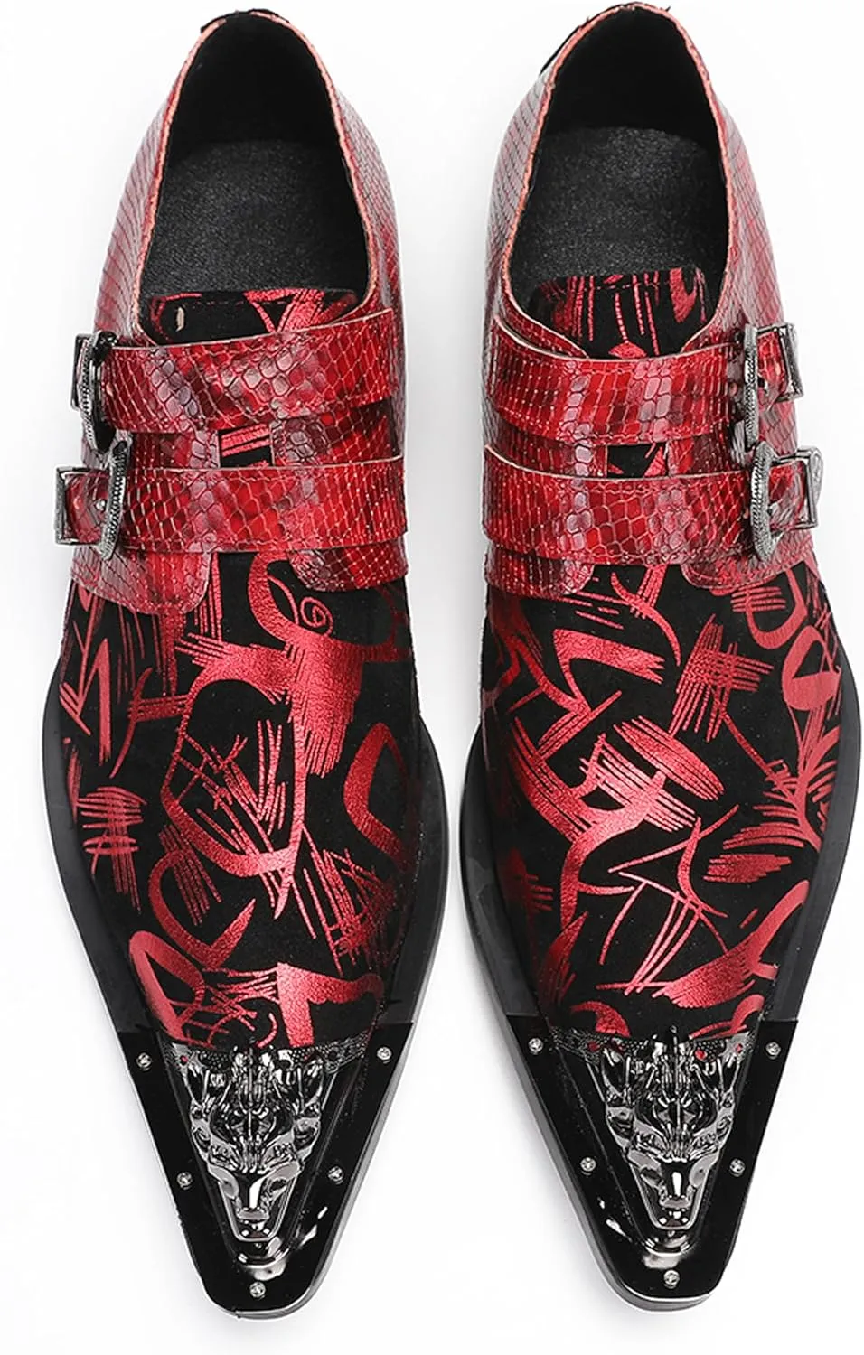 Men's Metal Tip Toe Loafers-Stylish Mens Dress Slip-Ons for Wedding, Party, Prom-Leather Casual Shoes with Double Buckle and Floral
