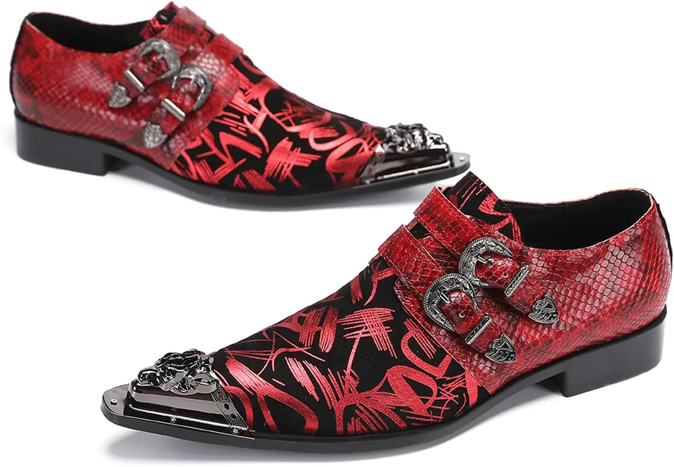Men's Metal Tip Toe Loafers-Stylish Mens Dress Slip-Ons for Wedding, Party, Prom-Leather Casual Shoes with Double Buckle and Floral