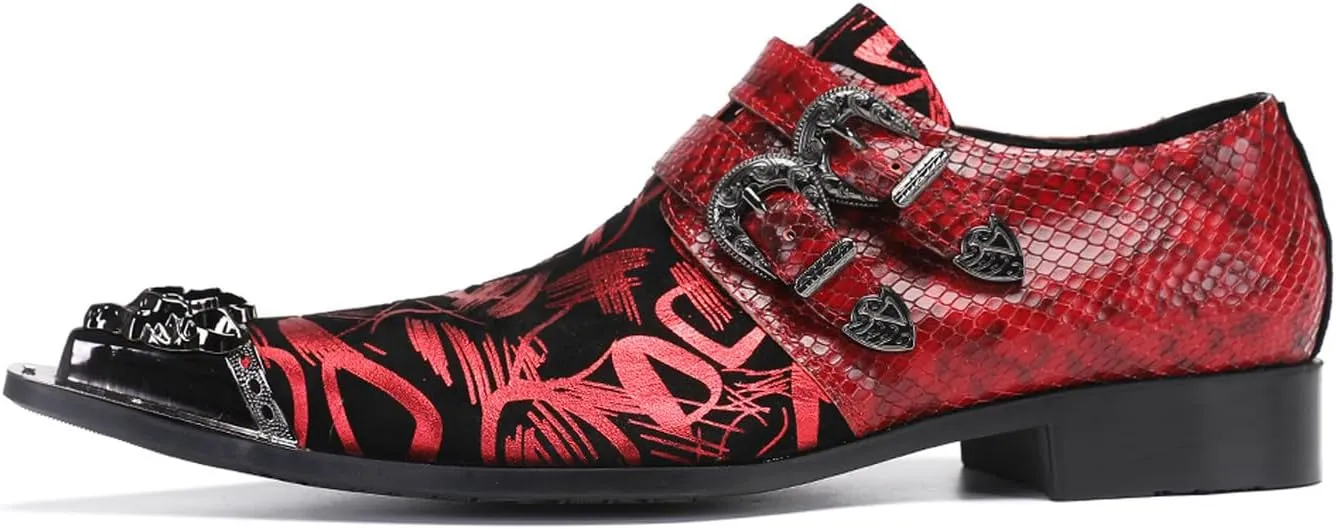 Men's Metal Tip Toe Loafers-Stylish Mens Dress Slip-Ons for Wedding, Party, Prom-Leather Casual Shoes with Double Buckle and Floral