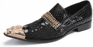 Men's Metal-Toe Slip On Loafers with Beadwork | Genuine Leather Penny Loafers for Wedding/Disco/Rock Events | Dress Shoes for Casual & Party Outfits Black
