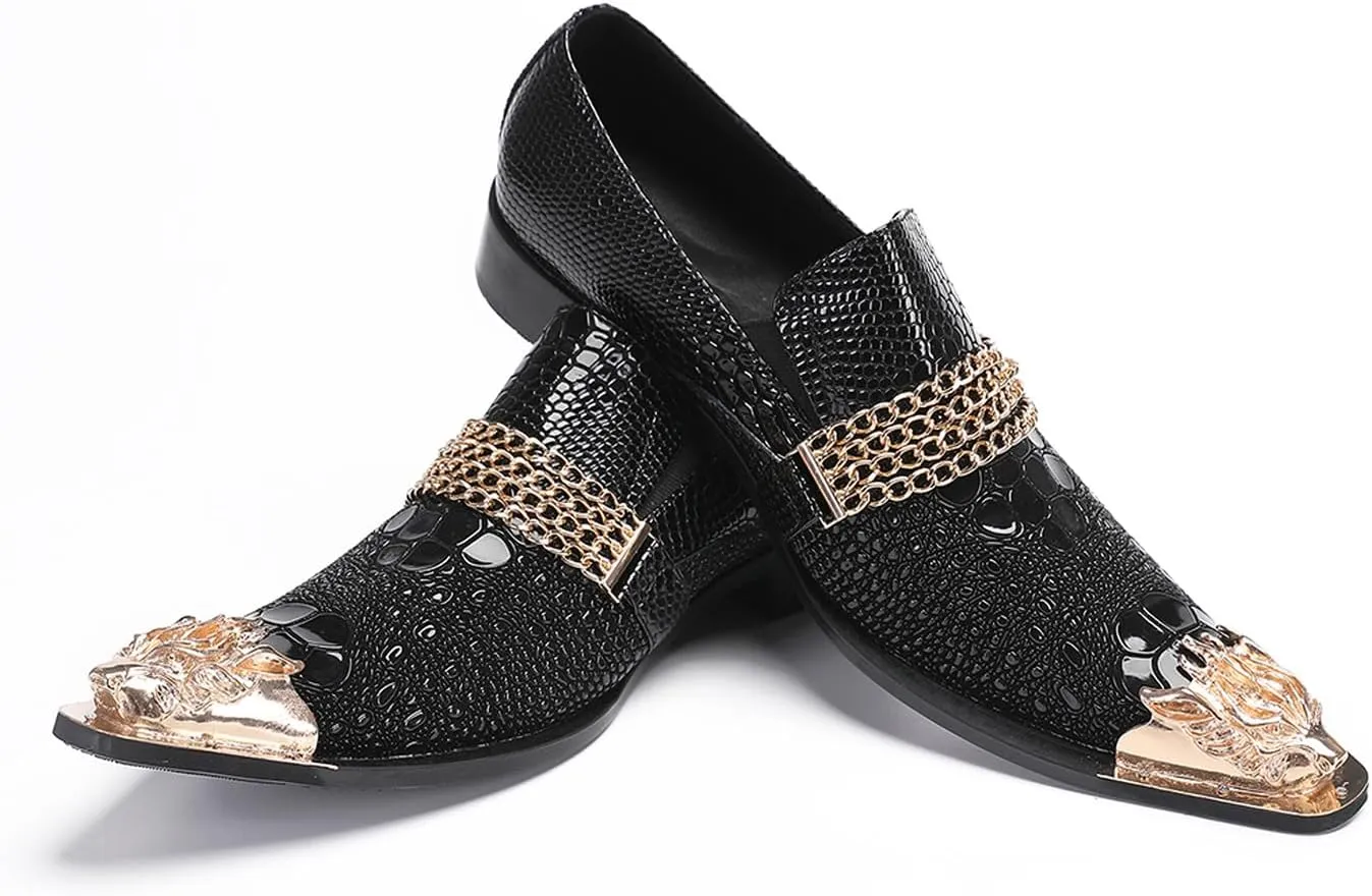 Men's Metal-Toe Slip On Loafers with Beadwork | Genuine Leather Penny Loafers for Wedding/Disco/Rock Events | Dress Shoes for Casual & Party Outfits Black