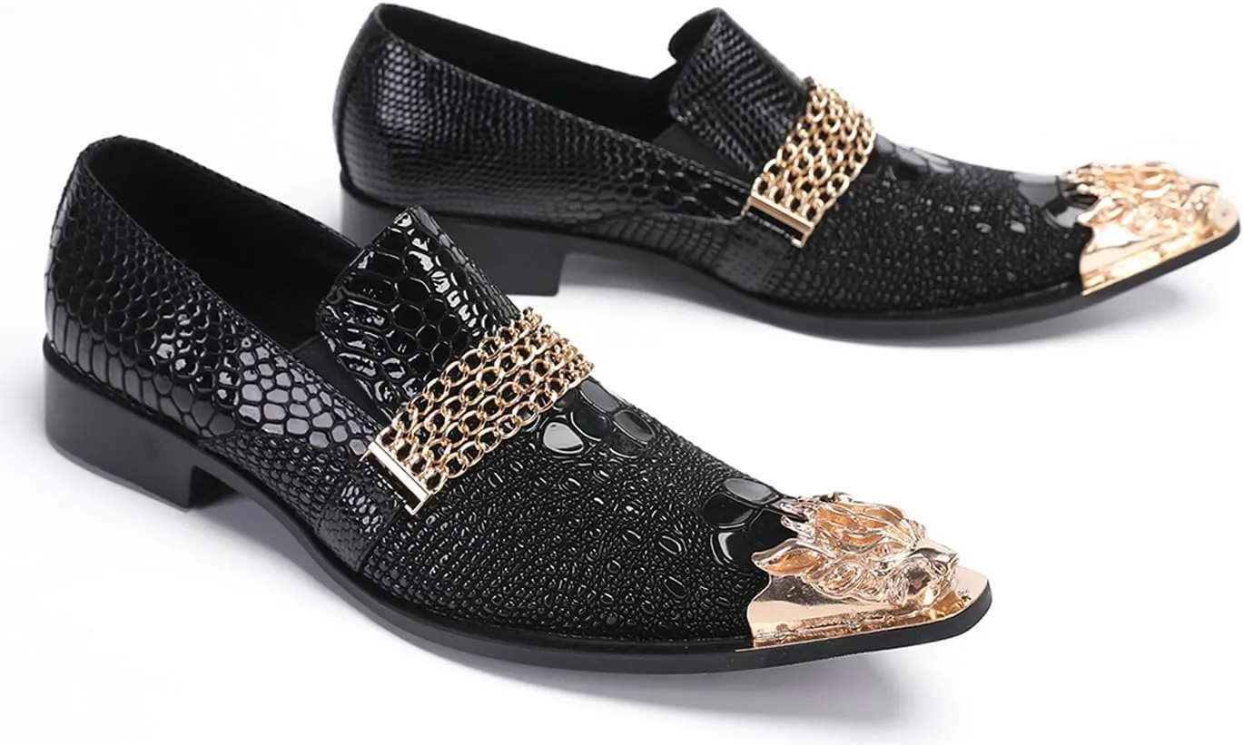 Men's Metal-Toe Slip On Loafers with Beadwork | Genuine Leather Penny Loafers for Wedding/Disco/Rock Events | Dress Shoes for Casual & Party Outfits Black