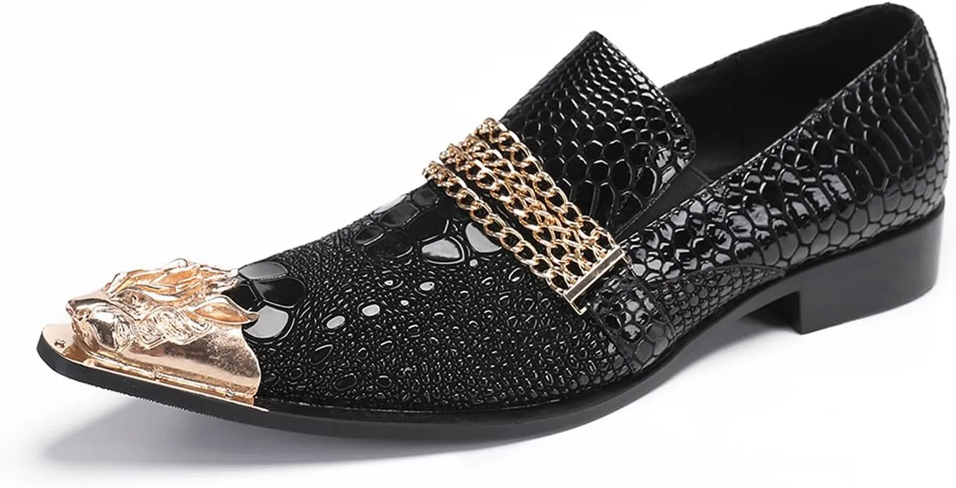 Men's Metal-Toe Slip On Loafers with Beadwork | Genuine Leather Penny Loafers for Wedding/Disco/Rock Events | Dress Shoes for Casual & Party Outfits Black