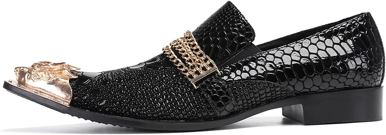 Men's Metal-Toe Slip On Loafers with Beadwork | Genuine Leather Penny Loafers for Wedding/Disco/Rock Events | Dress Shoes for Casual & Party Outfits Black