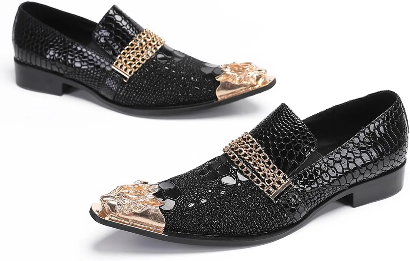 Men's Metal-Toe Slip On Loafers with Beadwork | Genuine Leather Penny Loafers for Wedding/Disco/Rock Events | Dress Shoes for Casual & Party Outfits Black