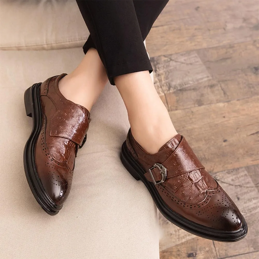 Men's Monk Strap Loafers Slip-on Genuine Leather Business Dress Shoes Handmade with Buckle, Casual Formal Footwear for Men