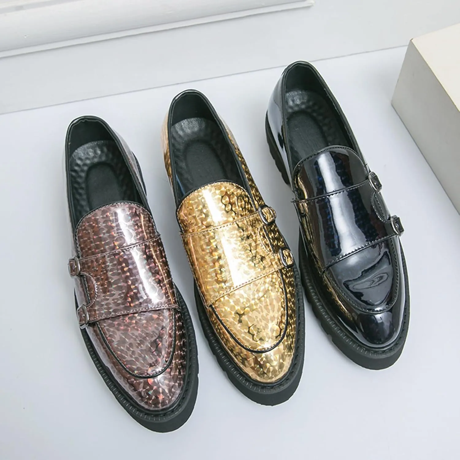 Men's Patent Leather Double Monk Strap Platform Slip On Loafers,Fashion Classic Non-Slip Lug Sole Dress Smoking Shoes,Business Casual Comfort Penny Loafers