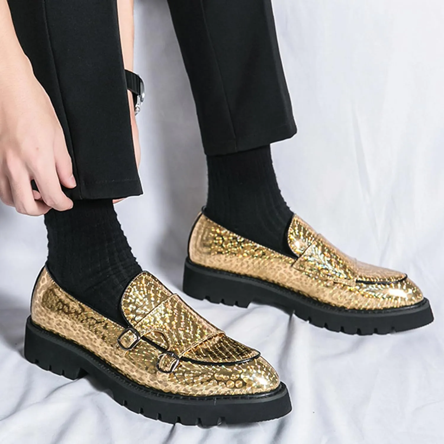 Men's Patent Leather Double Monk Strap Platform Slip On Loafers,Fashion Classic Non-Slip Lug Sole Dress Smoking Shoes,Business Casual Comfort Penny Loafers
