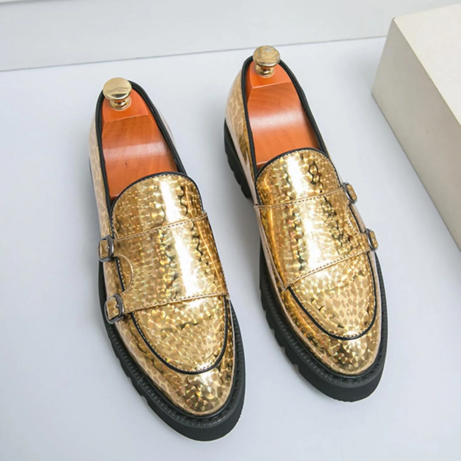 Men's Patent Leather Double Monk Strap Platform Slip On Loafers,Fashion Classic Non-Slip Lug Sole Dress Smoking Shoes,Business Casual Comfort Penny Loafers