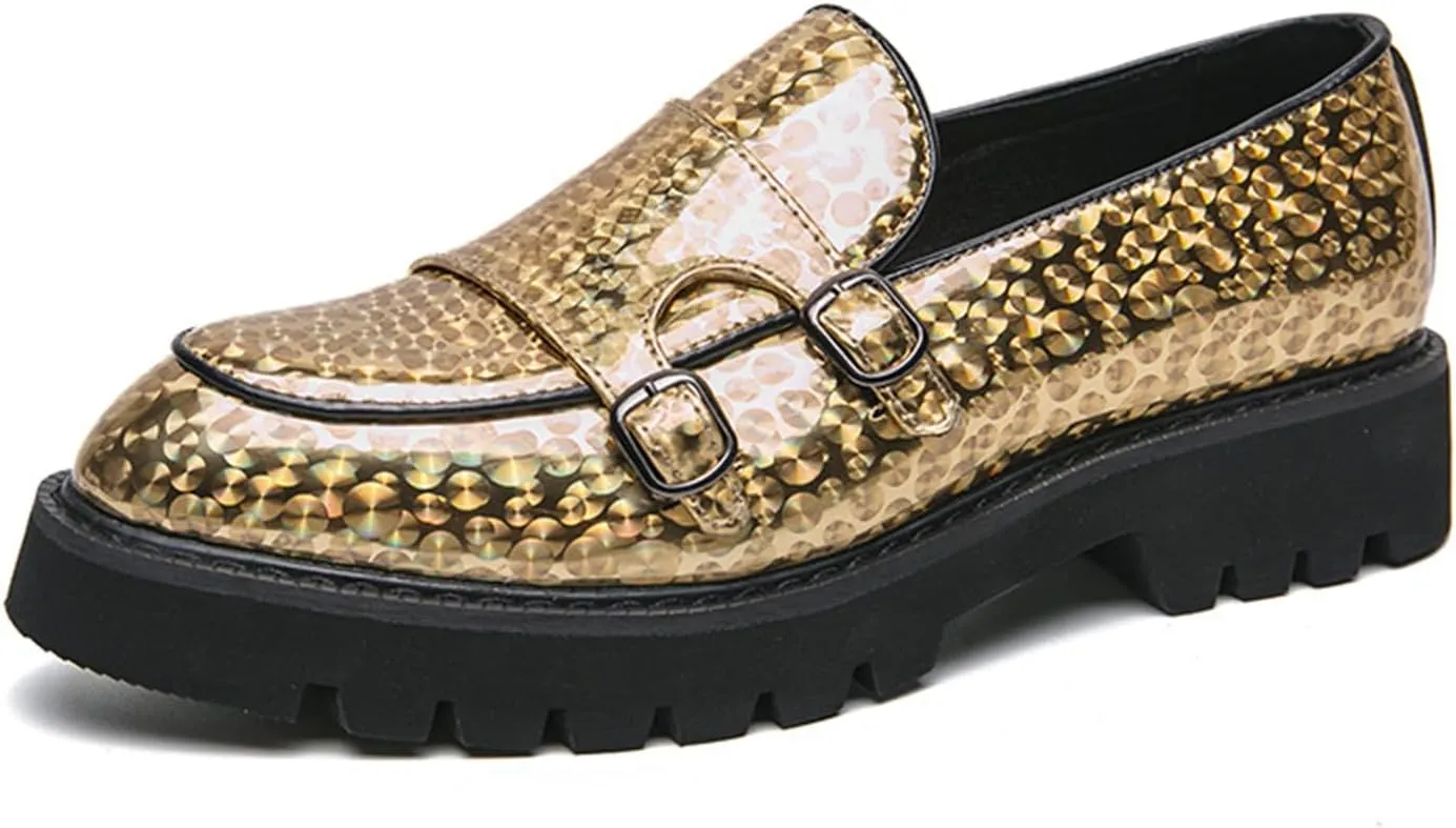 Men's Patent Leather Double Monk Strap Platform Slip On Loafers,Fashion Classic Non-Slip Lug Sole Dress Smoking Shoes,Business Casual Comfort Penny Loafers