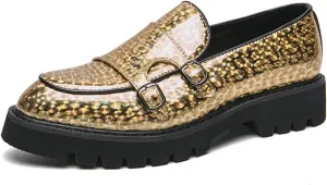 Men's Patent Leather Double Monk Strap Platform Slip On Loafers,Fashion Classic Non-Slip Lug Sole Dress Smoking Shoes,Business Casual Comfort Penny Loafers