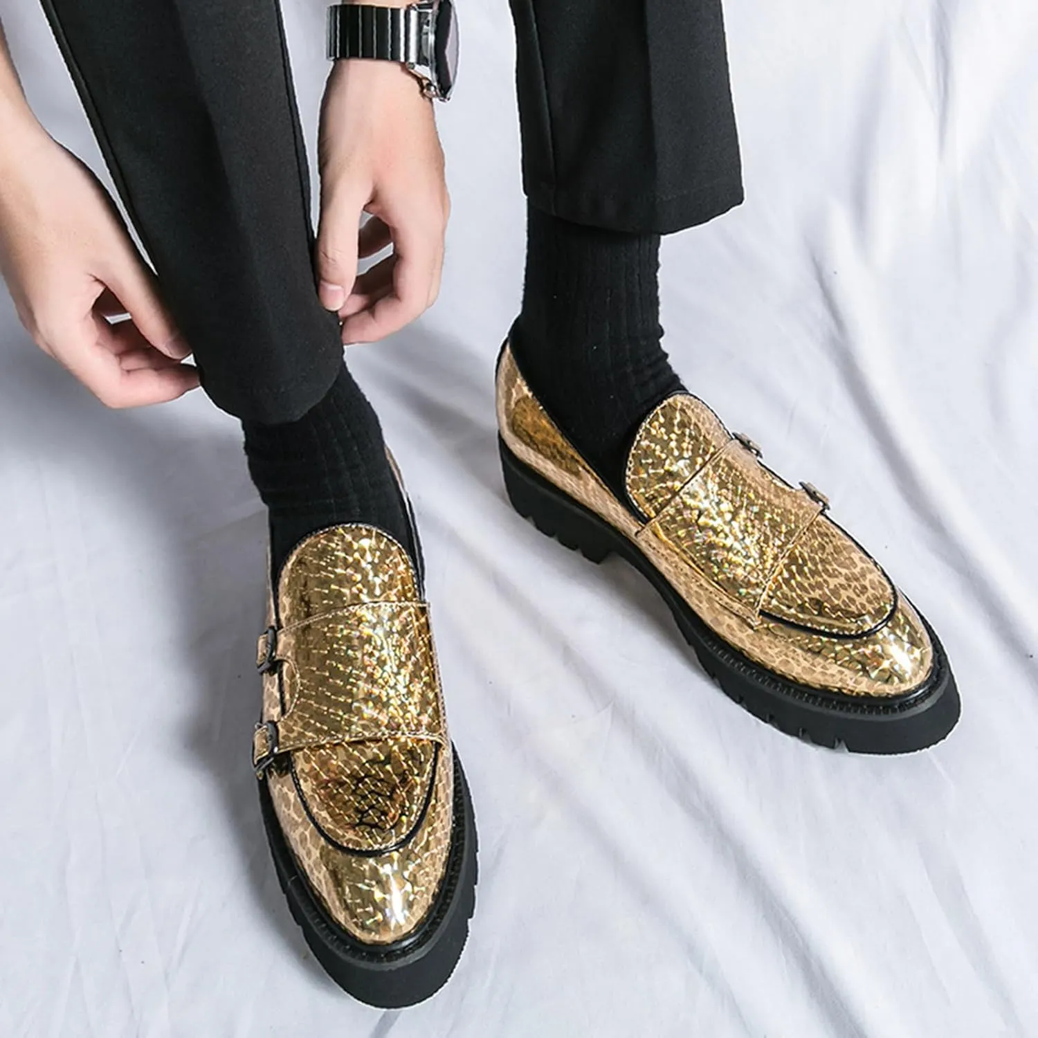 Men's Patent Leather Double Monk Strap Platform Slip On Loafers,Fashion Classic Non-Slip Lug Sole Dress Smoking Shoes,Business Casual Comfort Penny Loafers