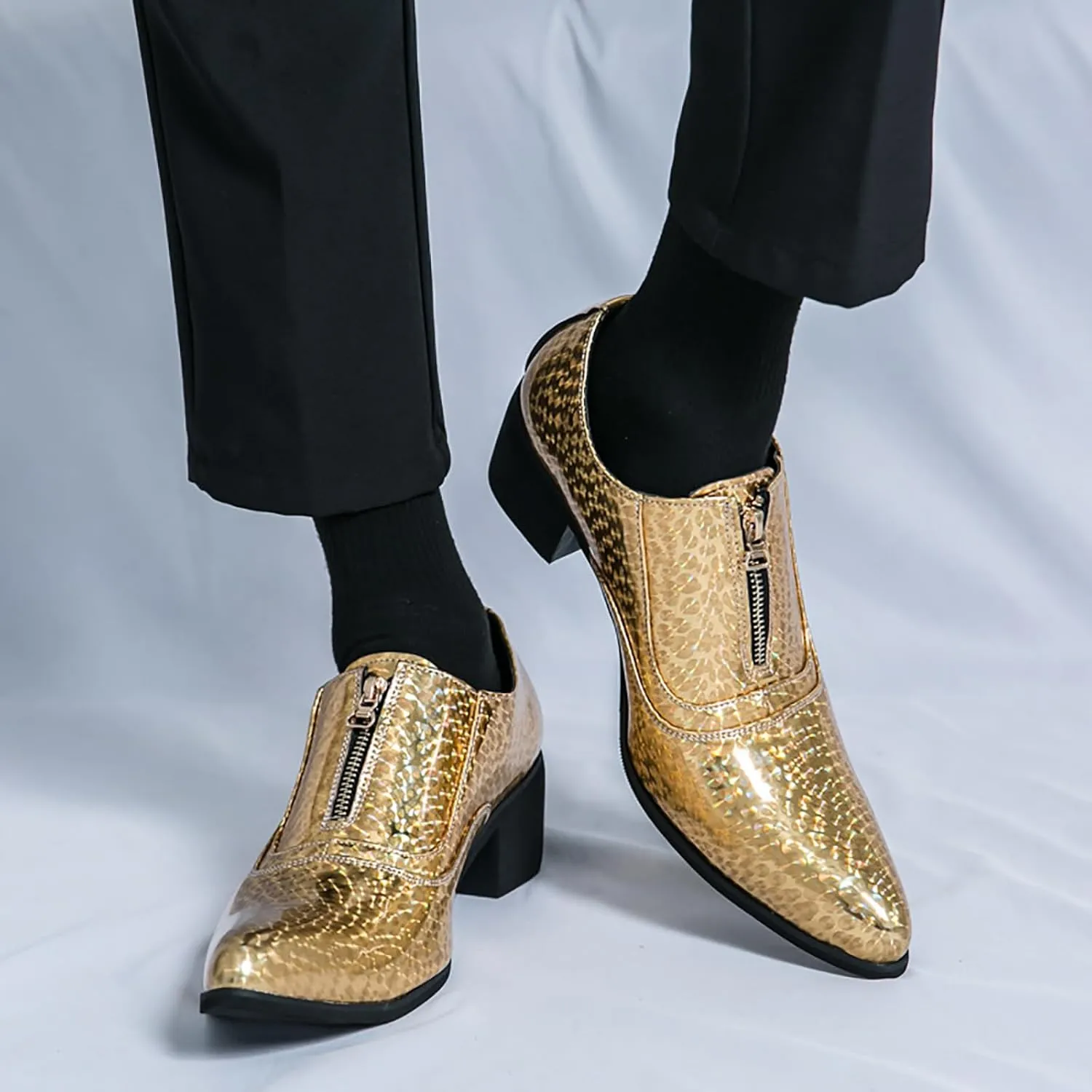 Men's Pointed Toe Chunky Heels Dress Oxford Shoes,Fashion Print Front Zipper Slip on Loafers Patent Leather Low Top Chelsea Business Formal Derby Shoes