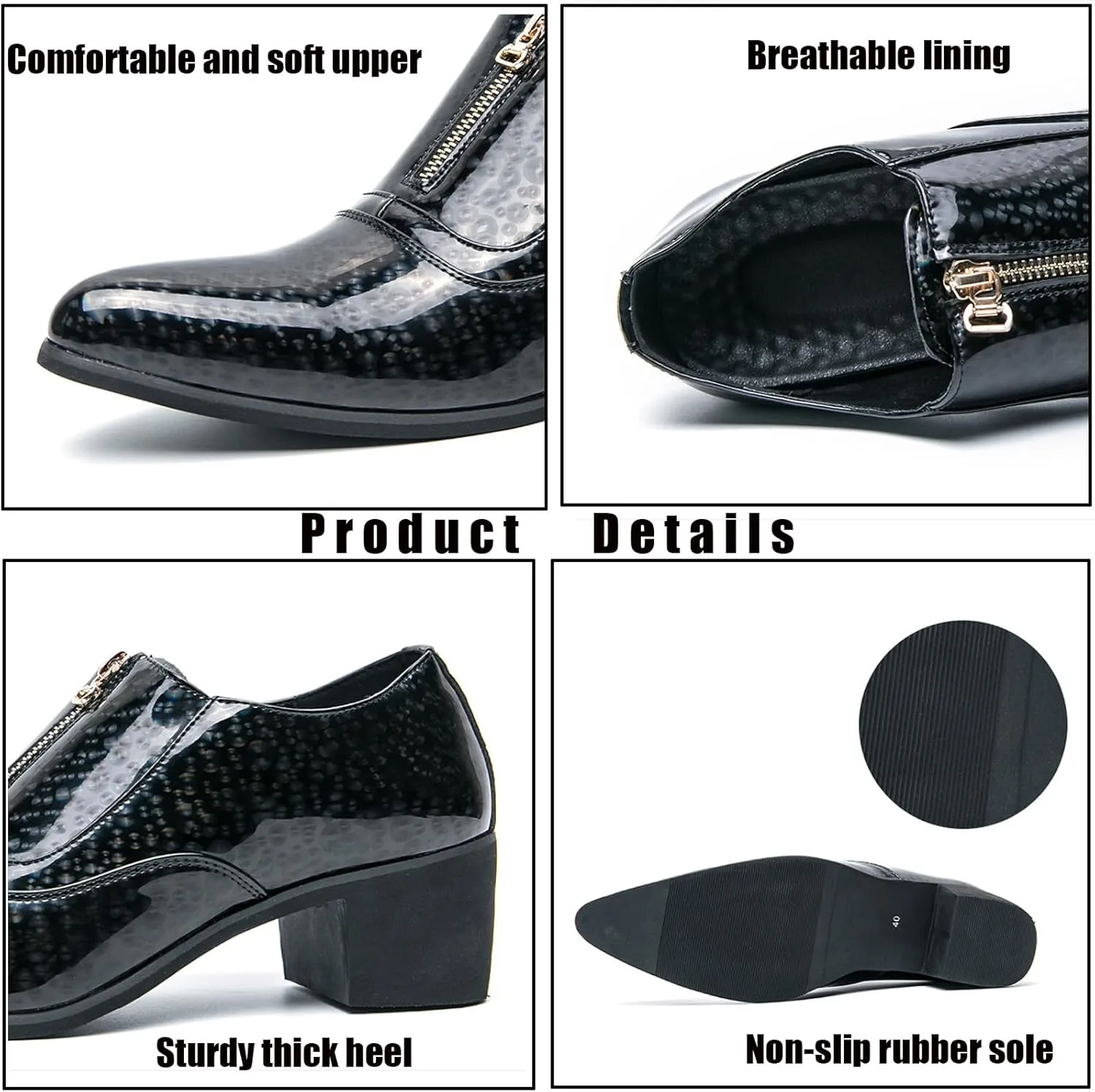 Men's Pointed Toe Chunky Heels Dress Oxford Shoes,Fashion Print Front Zipper Slip on Loafers Patent Leather Low Top Chelsea Business Formal Derby Shoes