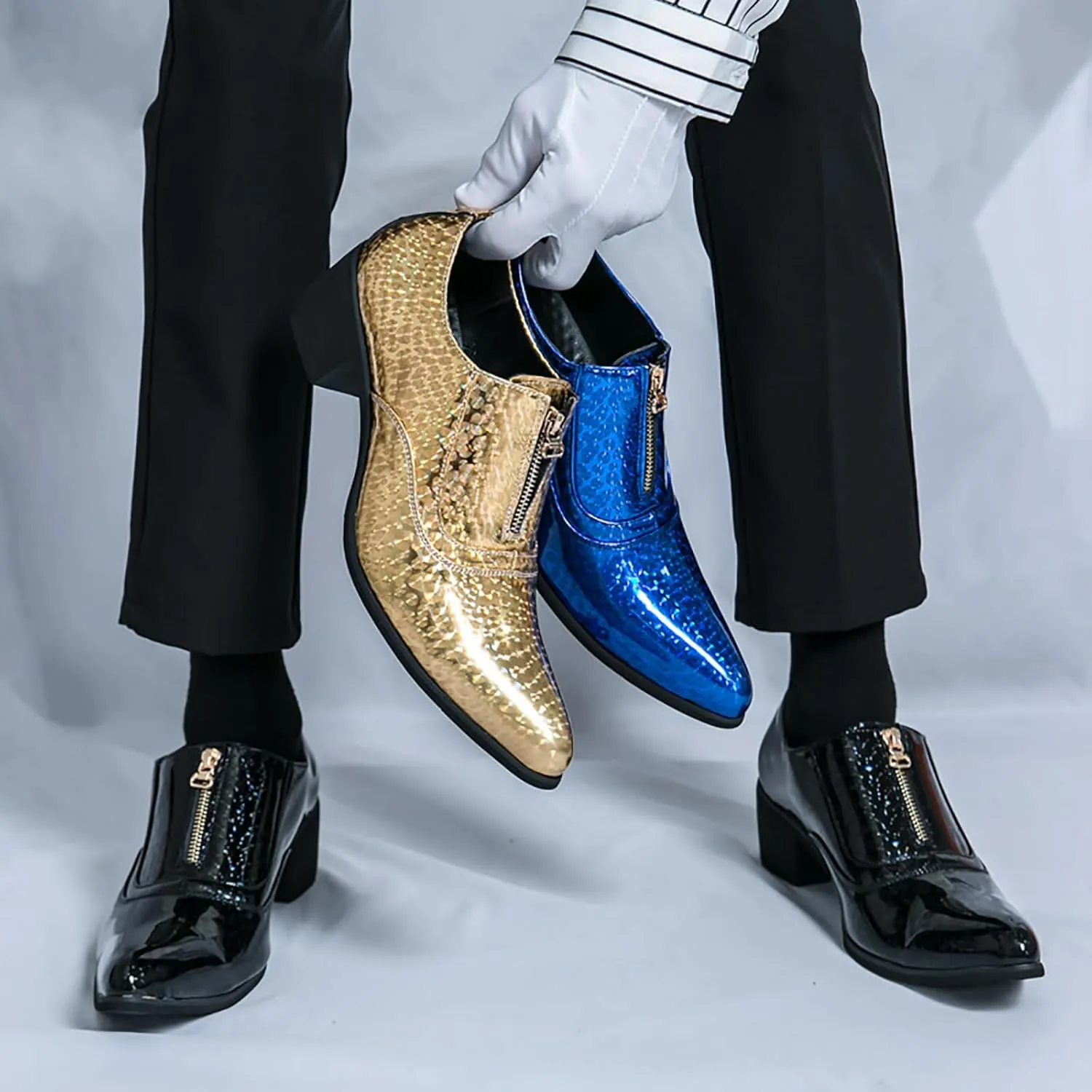Men's Pointed Toe Chunky Heels Dress Oxford Shoes,Fashion Print Front Zipper Slip on Loafers Patent Leather Low Top Chelsea Business Formal Derby Shoes