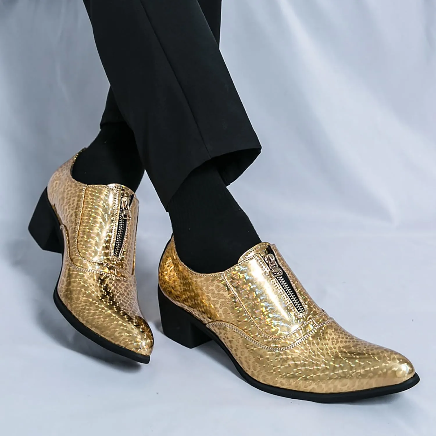 Men's Pointed Toe Chunky Heels Dress Oxford Shoes,Fashion Print Front Zipper Slip on Loafers Patent Leather Low Top Chelsea Business Formal Derby Shoes