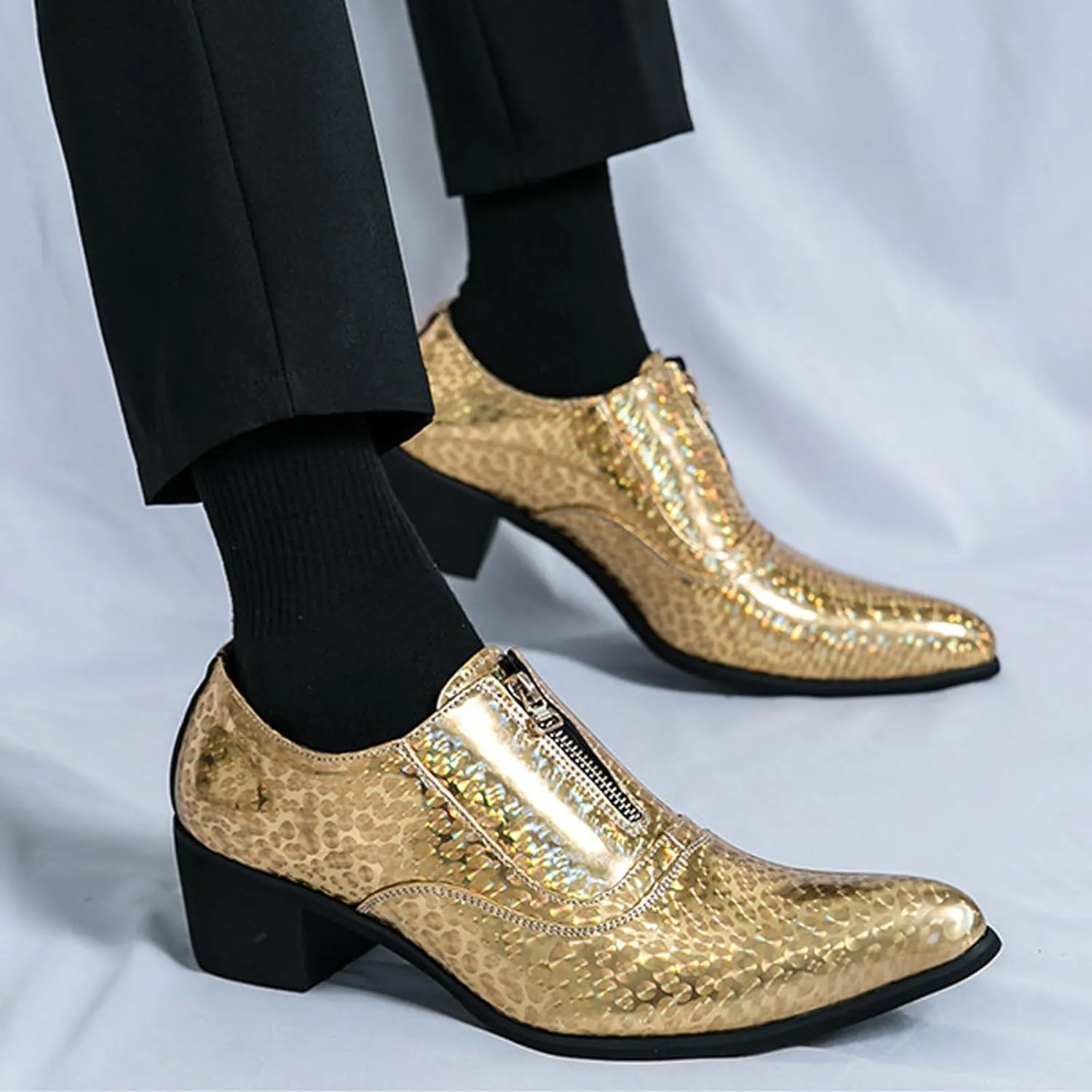 Men's Pointed Toe Chunky Heels Dress Oxford Shoes,Fashion Print Front Zipper Slip on Loafers Patent Leather Low Top Chelsea Business Formal Derby Shoes