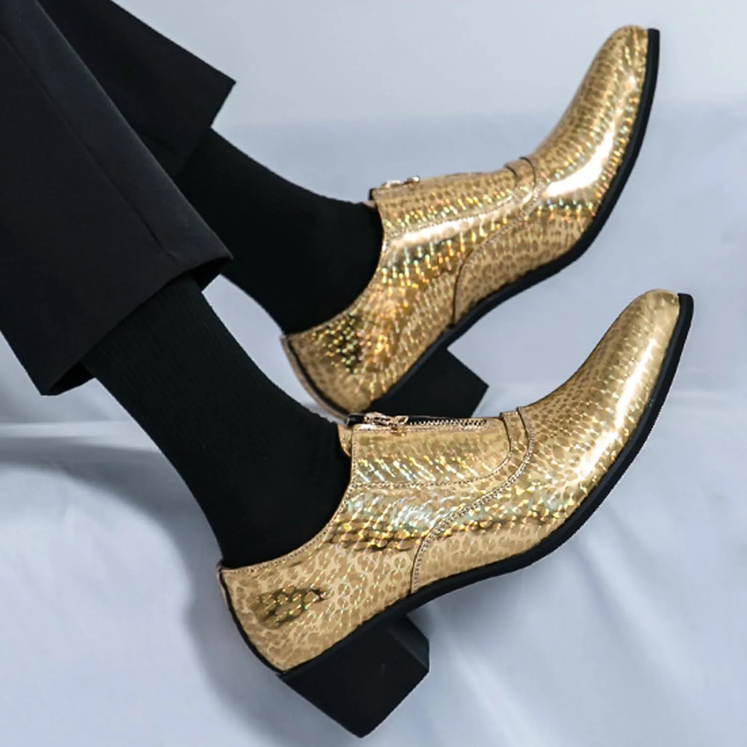 Men's Pointed Toe Chunky Heels Dress Oxford Shoes,Fashion Print Front Zipper Slip on Loafers Patent Leather Low Top Chelsea Business Formal Derby Shoes