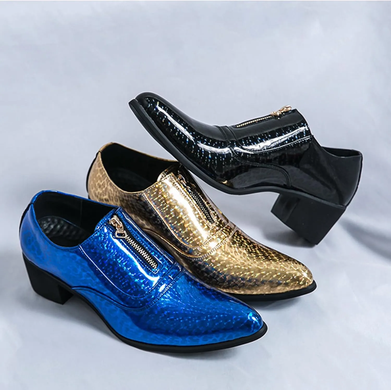 Men's Pointed Toe Chunky Heels Dress Oxford Shoes,Fashion Print Front Zipper Slip on Loafers Patent Leather Low Top Chelsea Business Formal Derby Shoes
