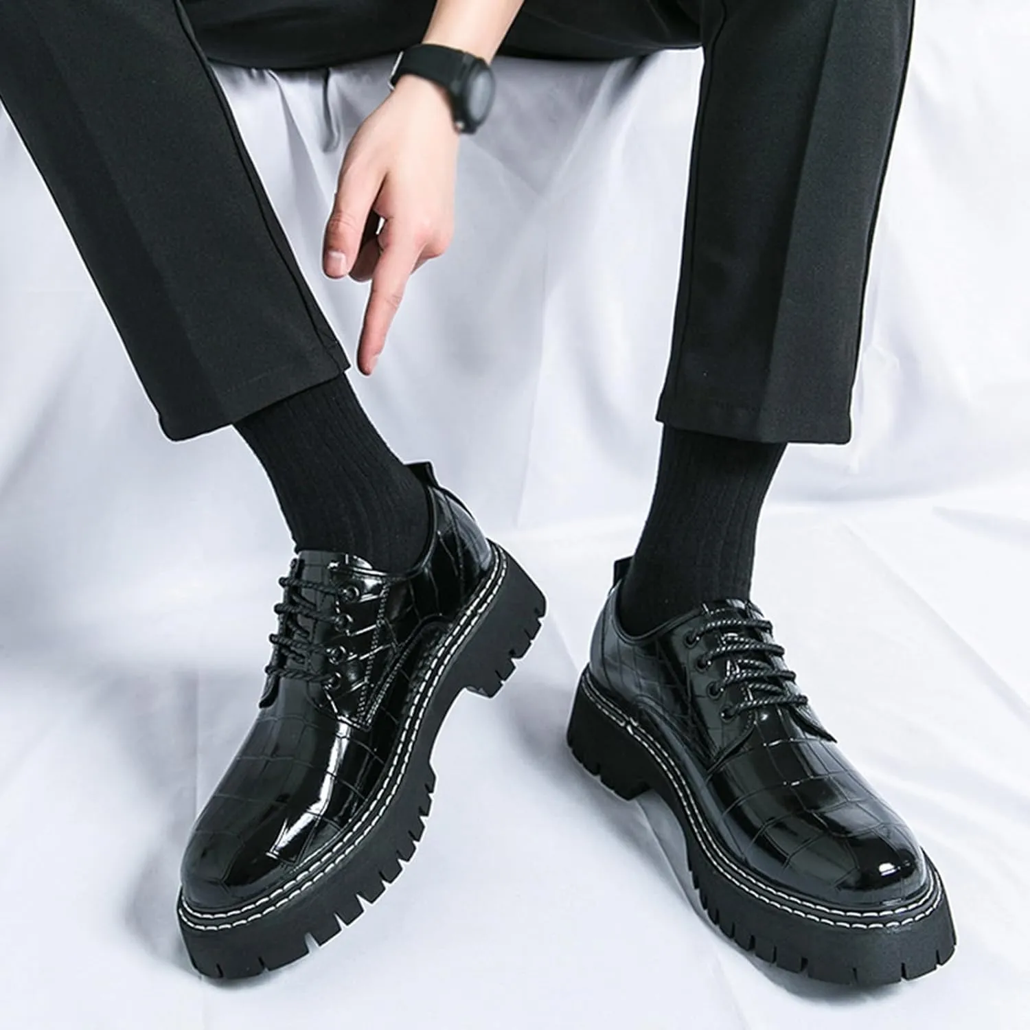 Men's Print Lace Up Platform Increase Oxfords,Fashion PU Leather Lug Sole Loafers Classic Round Toe Comfort Slip On Dress Shoes