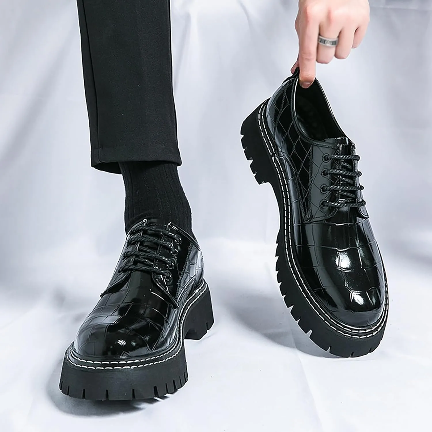 Men's Print Lace Up Platform Increase Oxfords,Fashion PU Leather Lug Sole Loafers Classic Round Toe Comfort Slip On Dress Shoes