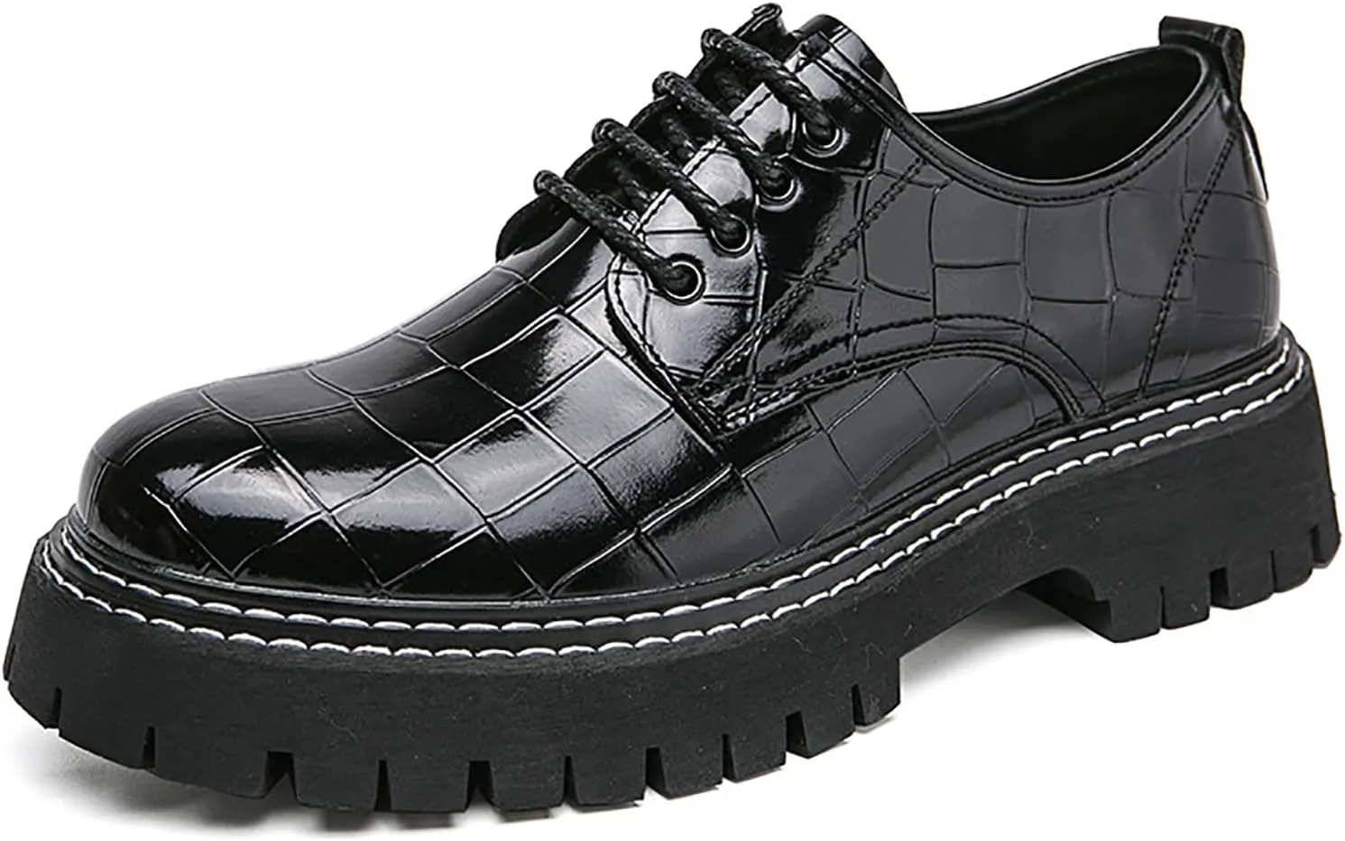 Men's Print Lace Up Platform Increase Oxfords,Fashion PU Leather Lug Sole Loafers Classic Round Toe Comfort Slip On Dress Shoes