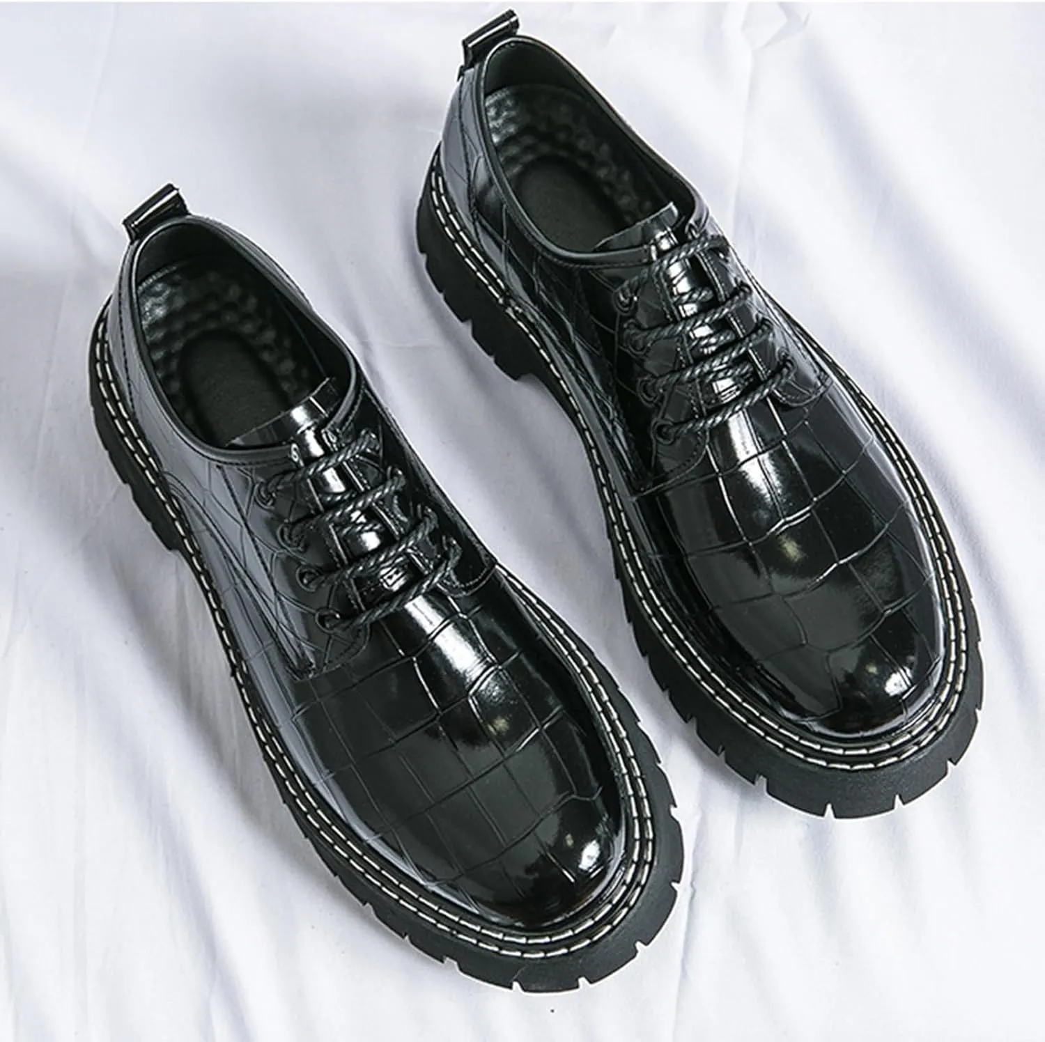 Men's Print Lace Up Platform Increase Oxfords,Fashion PU Leather Lug Sole Loafers Classic Round Toe Comfort Slip On Dress Shoes