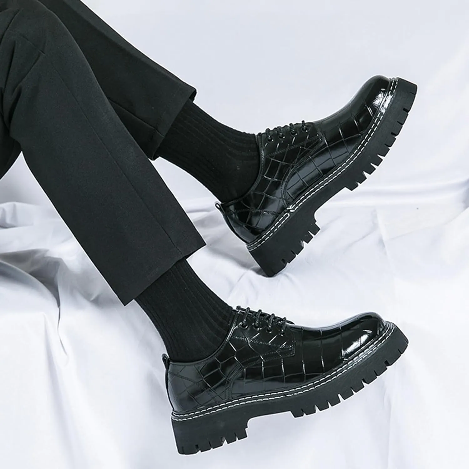 Men's Print Lace Up Platform Increase Oxfords,Fashion PU Leather Lug Sole Loafers Classic Round Toe Comfort Slip On Dress Shoes
