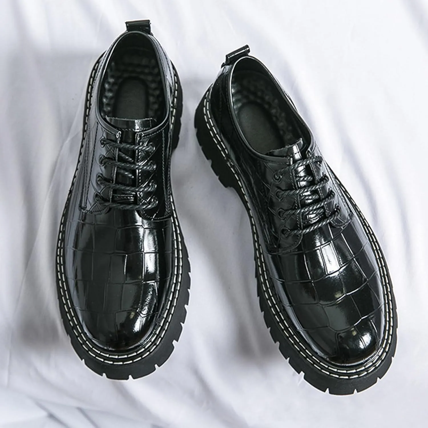 Men's Print Lace Up Platform Increase Oxfords,Fashion PU Leather Lug Sole Loafers Classic Round Toe Comfort Slip On Dress Shoes
