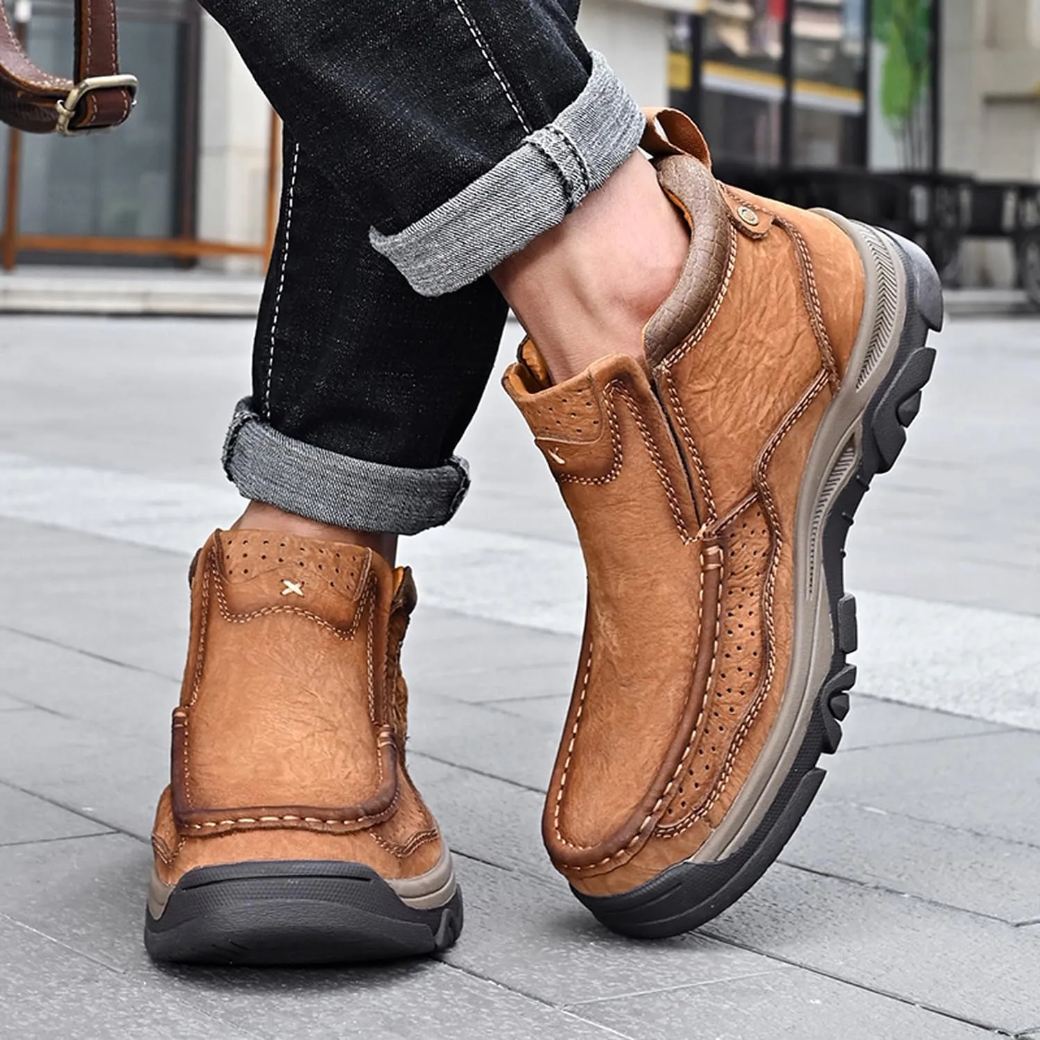 Mens Slip On Casual Loafers Classic Outdoor Leather Walking Hiking Shoes Comfortable for Work Office Dress Outdoor High Top
