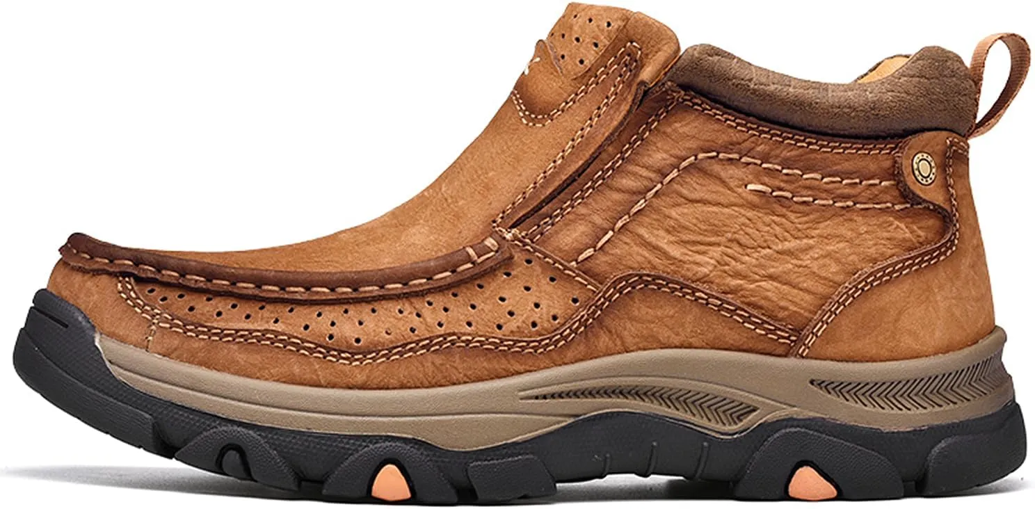 Mens Slip On Casual Loafers Classic Outdoor Leather Walking Hiking Shoes Comfortable for Work Office Dress Outdoor High Top