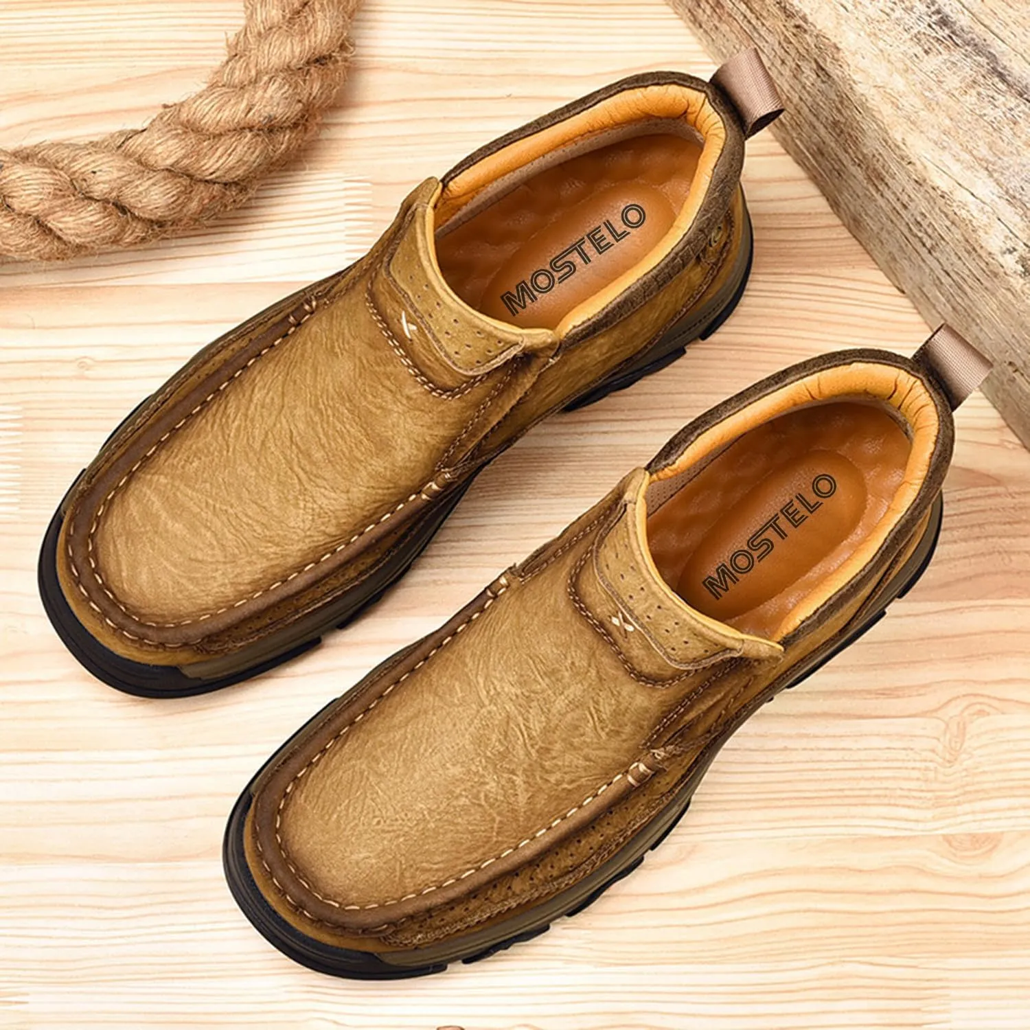 Mens Slip On Casual Loafers Classic Outdoor Leather Walking Hiking Shoes Comfortable for Work Office Dress Outdoor High Top