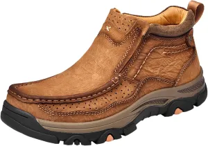 Mens Slip On Casual Loafers Classic Outdoor Leather Walking Hiking Shoes Comfortable for Work Office Dress Outdoor High Top